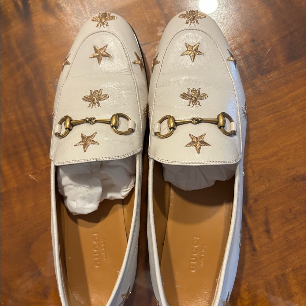 Gucci Gold Embroidered Bee and Star Brass Horse bit Loafers